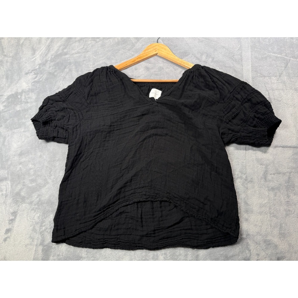 Sundays Blouse Top Womens 2 Black Cotton Seersucker Puff Sleeve V Neck Casual